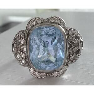 Vintage ESPO 925 Sterling Silver Blue Cushion Gemstone CZ Cocktail Ring Size 7.5